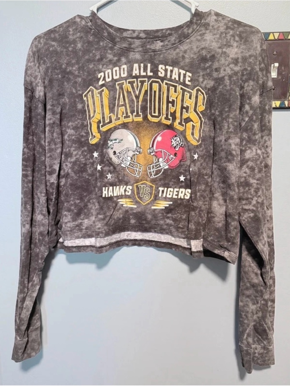 Hollister Gray Acid-Wash 'Playoffs' Cropped Long Sleeve Shirt